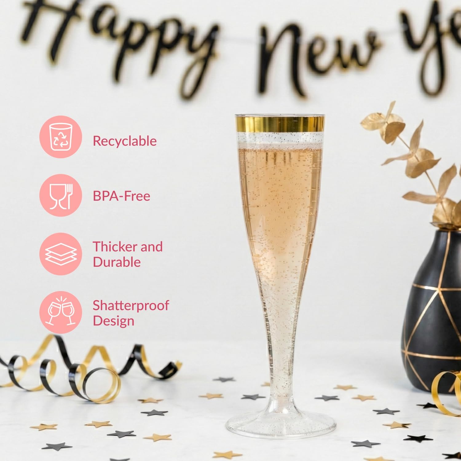 Prestee Set of 24 Plastic Champagne Flutes with Gold Rim - 4.5 oz - Shatterproof Disposable Glasses for Weddings, Cocktail Parties, and Outdoor Celebrations - Image 5