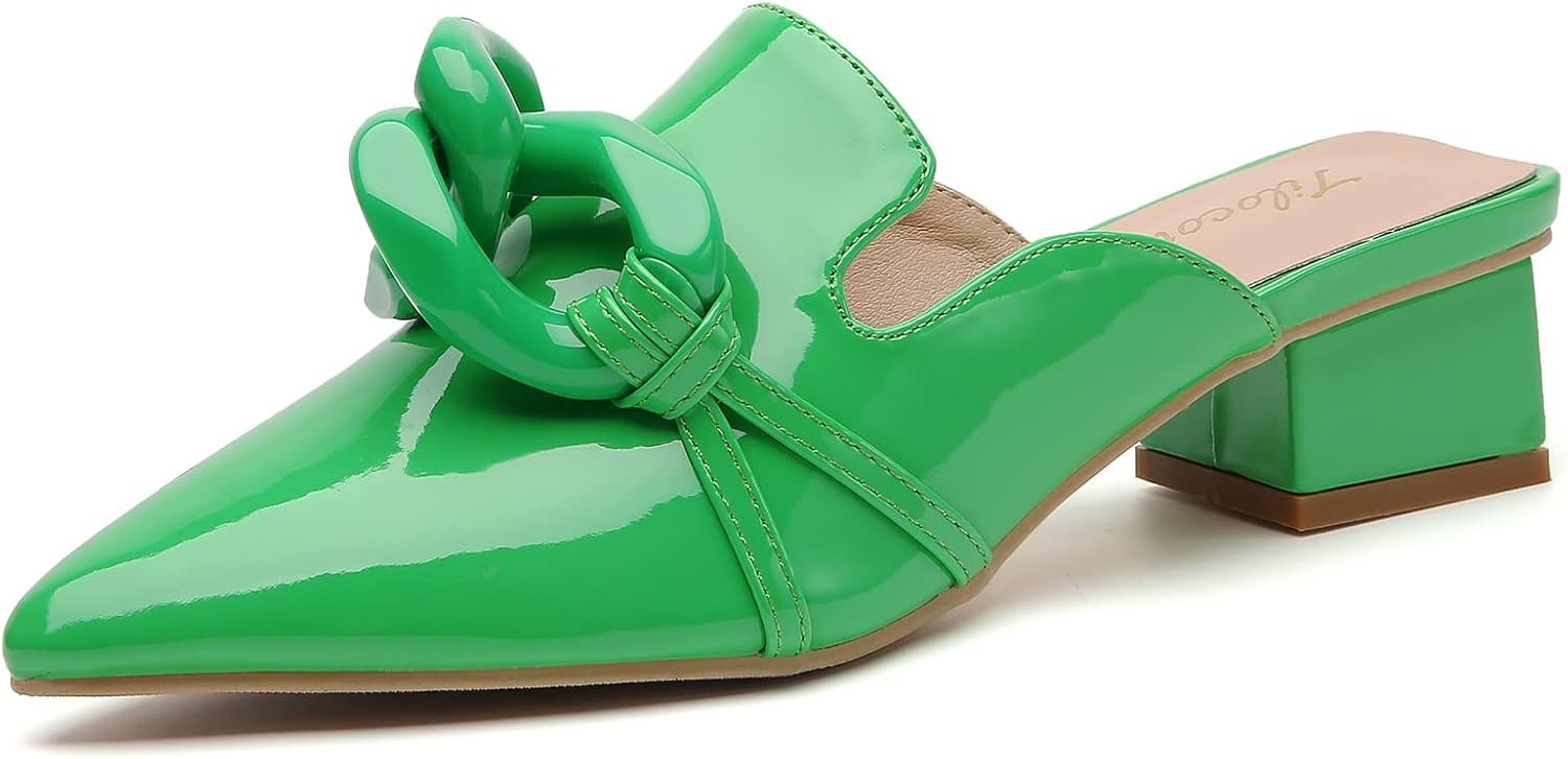 Tilocow Metal Chain Decor Mules Heels for Women, Pointed Closed Toe Sandals, Women Chunky Stacked Heel Mules, Comfortable Slip-On Sandals