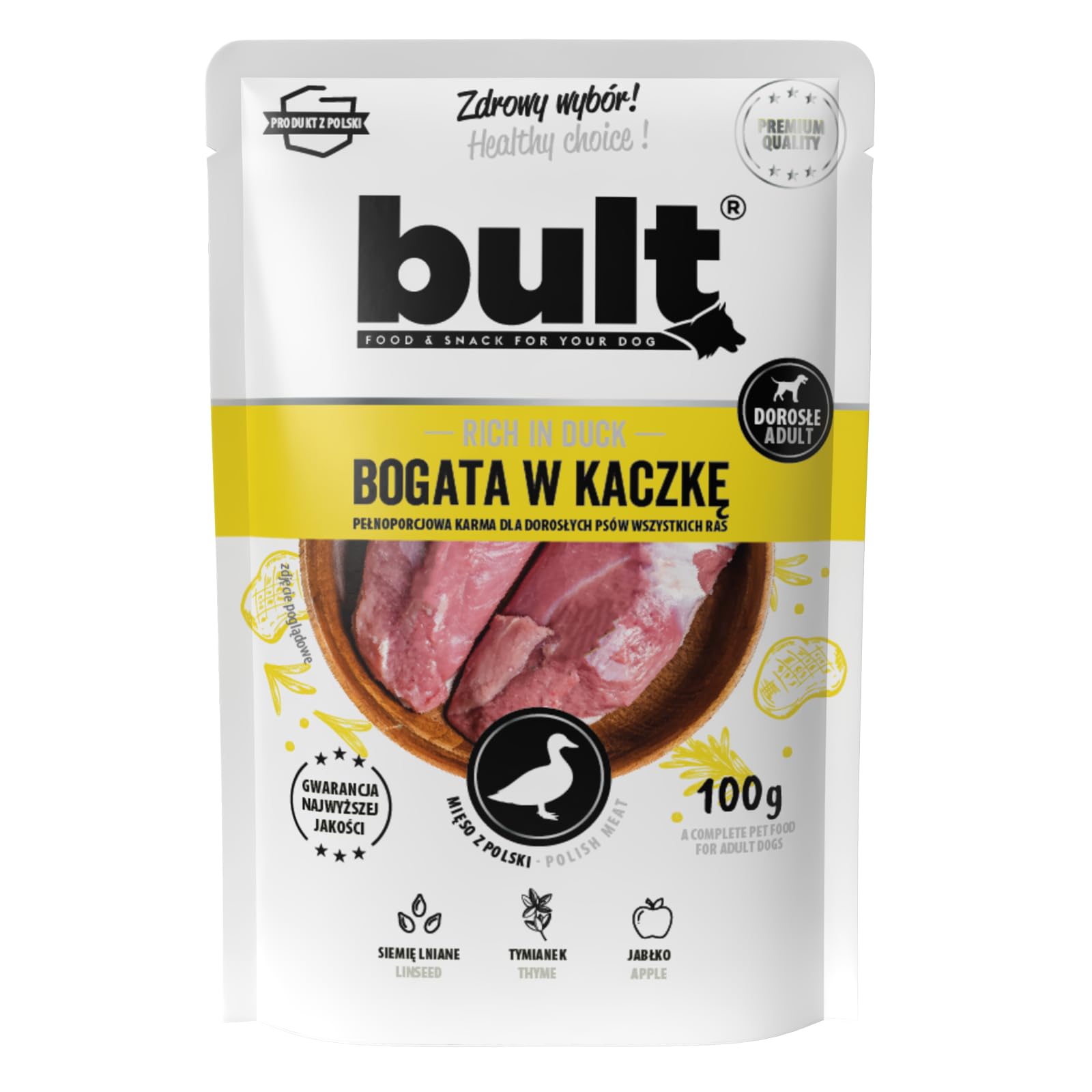 BULT Nassfutter für Hunde im Frischebeutel 80x100g Ente | 75% tierische Bestandteile, 20% Ente, ohne künstliche Farb-, Aroma- und Konservierungsstoffe, mit Apfel