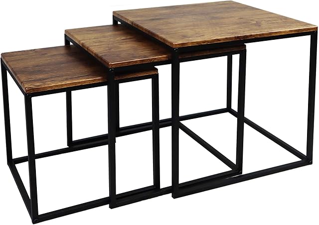 ASPECT Alana Set of 3 Nesting Table-Vintage Wooden Tops/Steel Black Legs, 40x40x42 cm