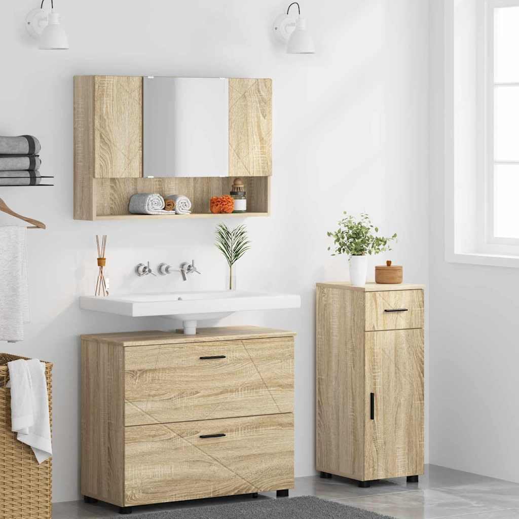 3-częściowy zestaw mebli łazienkowych, dąb sonoma, sklejka, metal, nowoczesny design, miejsce do przechowywania, szafka łazienkowa z lustrem, szafka pod umywalkę i toaletę