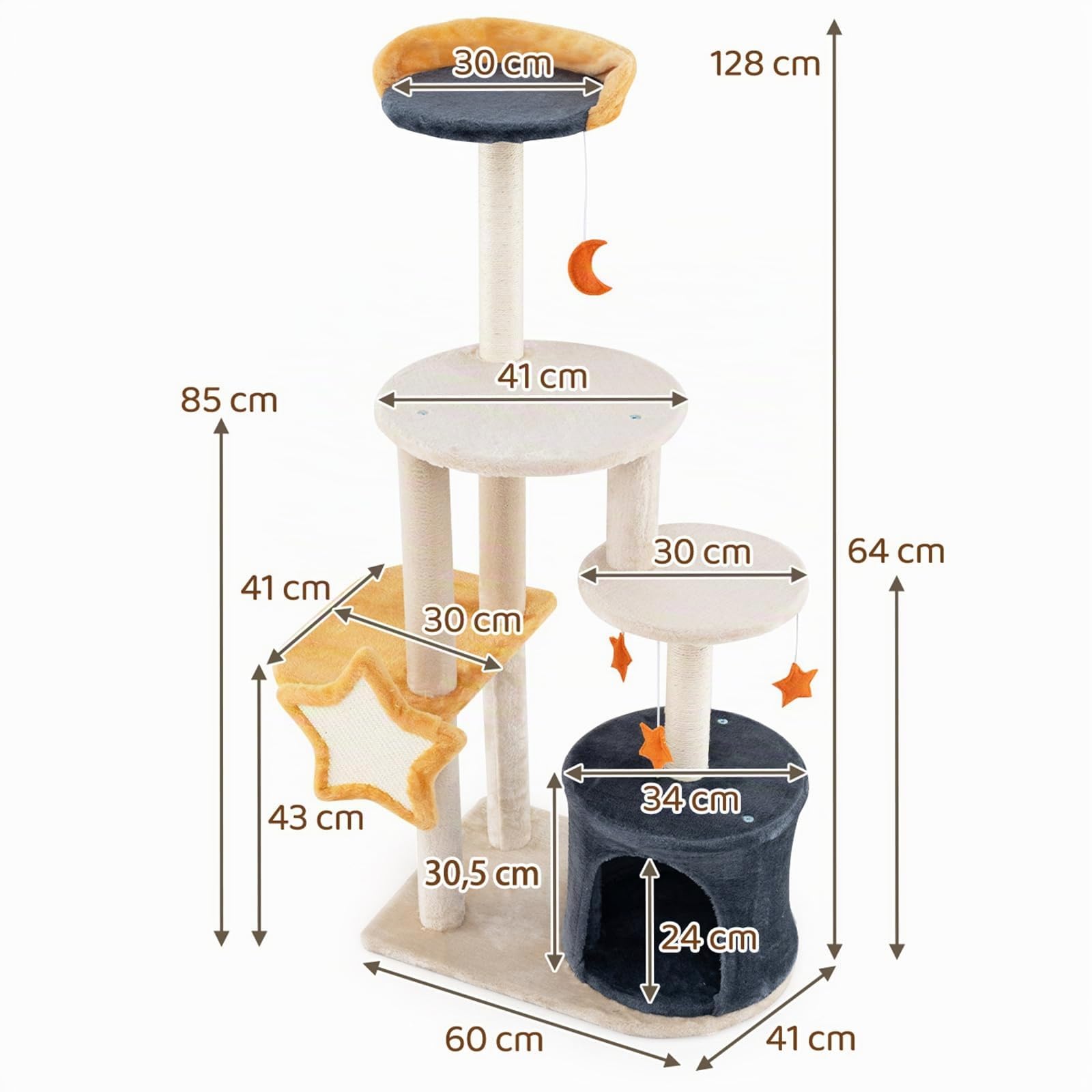 GYMAX Albero per Gatti, Torre Multilivello con Tiragraffi, Pannelli Tiragraffi a Forma di Stella e Luna, Torre per Arrampicata in Morbido Peluche con Piattaforma Superiore, Condominio per Gatti
