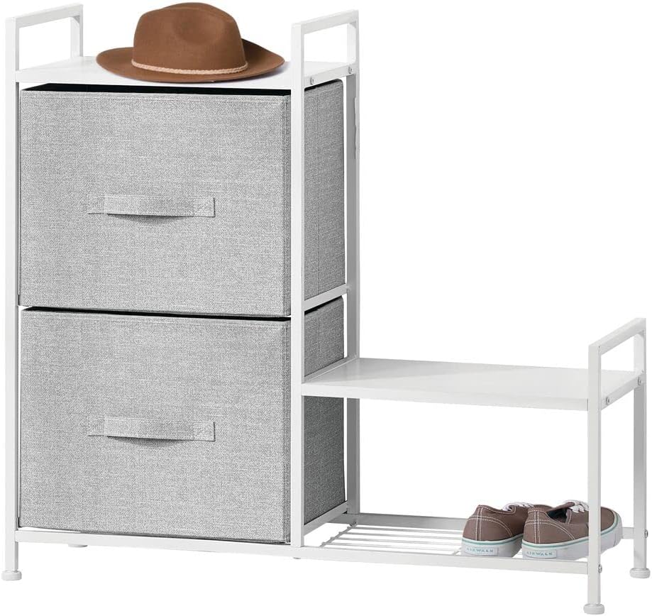 mDesign Dresser Storage Tower - Sturdy Steel Frame, Wood Top, Easy Pull Fabric Bins - Organizer Unit for Bedroom, Hallway, Entryway, Closet - Textured Print, 2 Drawers - Side Shoe Shelf - Gray