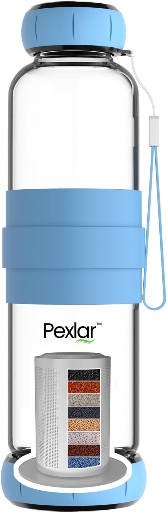 Pexlar Alkaline Water Filter Bottle | Borosilicate Glass | Alkaline Water Generator | Filter Water Bottle | Water Bottle with Filter inside - Blue | 500 ml