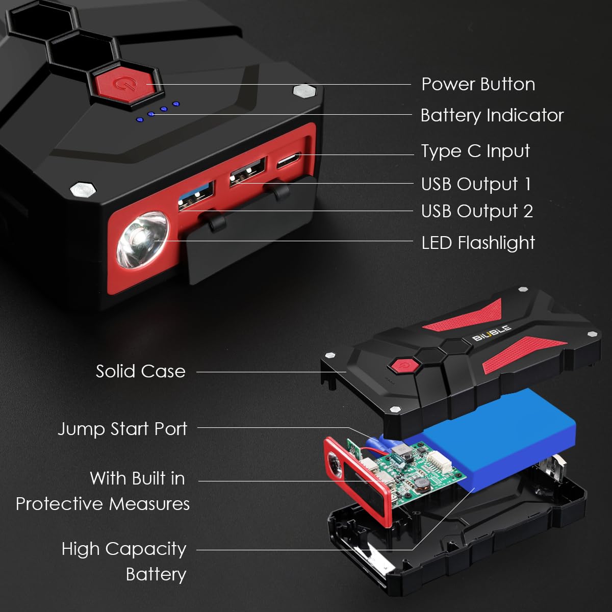 Démarreur de Voiture 5000A Booster de Batterie Auto 12V Pack d'alimentation Portable (jusqu'à 9,0 L d'essence ou 8,5 L de moteur diesel), Démarreur de Voiture avec Lampe de Poche LED, Démarrage