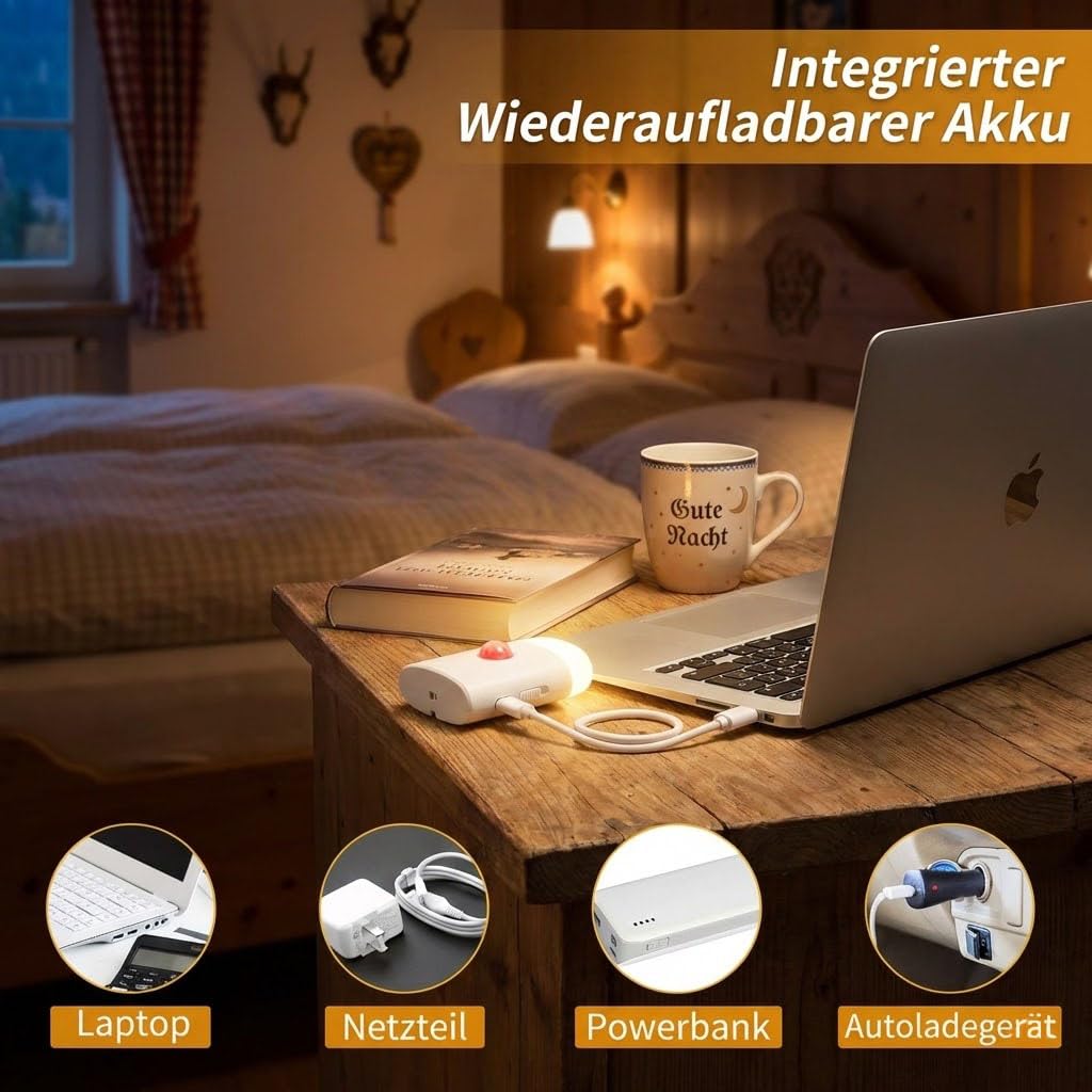 BXROIU Lampka nocna LED z czujnikiem ruchu, ładowana bateria, możliwość ściemniania, 3 poziomy jasności, lampka nocna, czujnik światła do sypialni, szafy, korytarza, schodów (1 sztuka)
