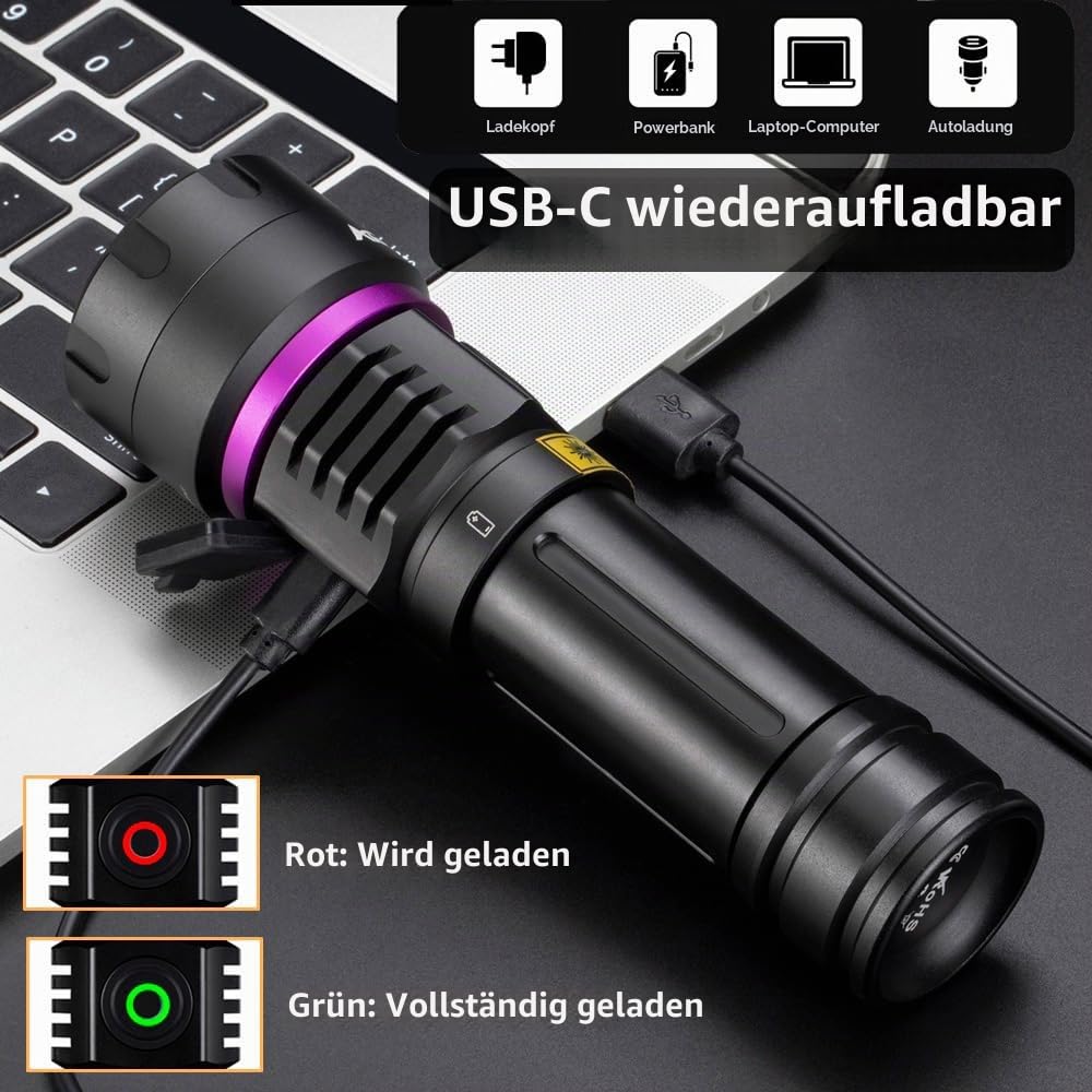 Alonefire SV115 365nm UV Taschenlampe 30W Typ C USB Wiederaufladbar Starkes Schwarzlicht Haustier Urin Detektor Gelddetektor für UV Harz, Angeln, Skorpion, Bernstein, Mineralien mit