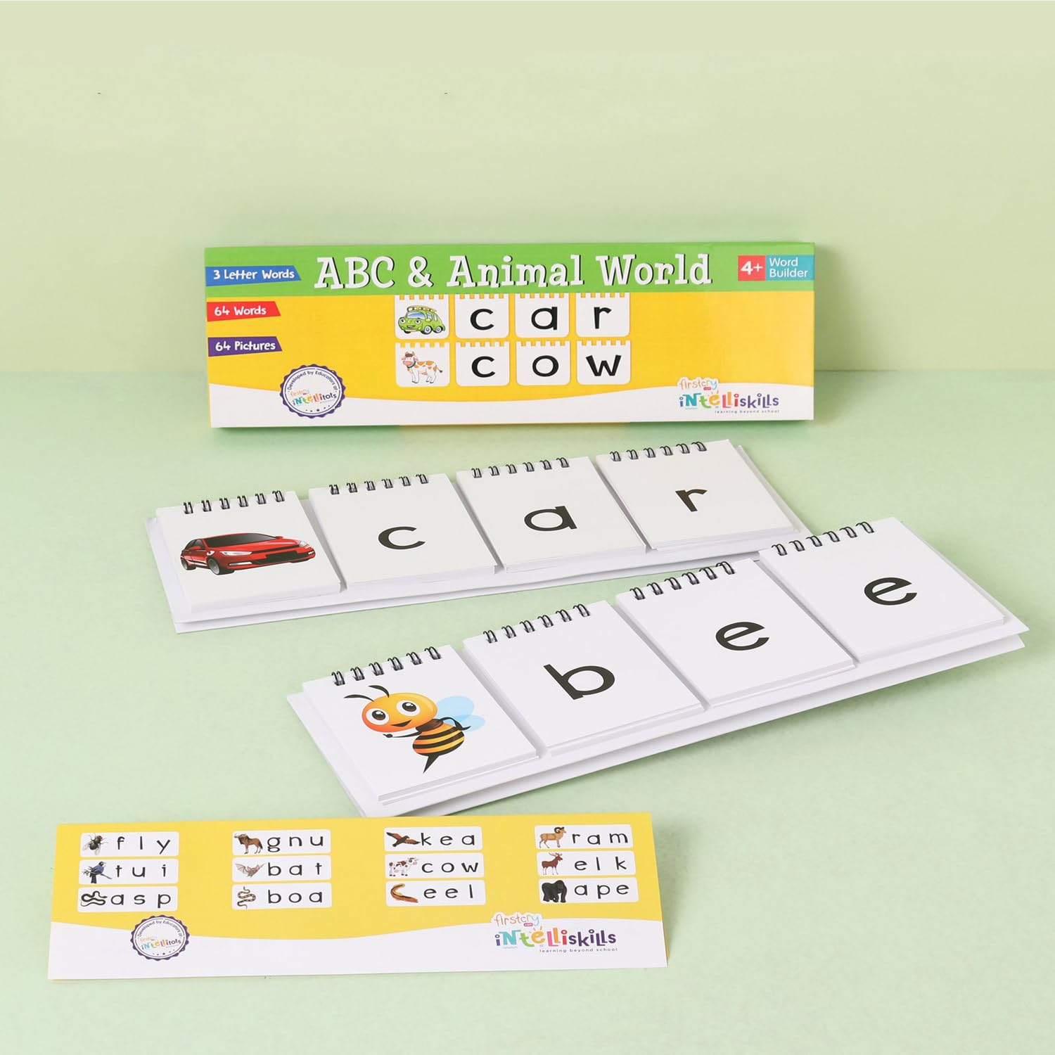 Intelliskills Premium ABC & Animal Word Builder Set of 2 for Kids| Fun Way to Learn 64 New Words with Picture Recognition| Preschool Learning & Educational Cards |44 Pages| English, 3+Years,Ideal Gift