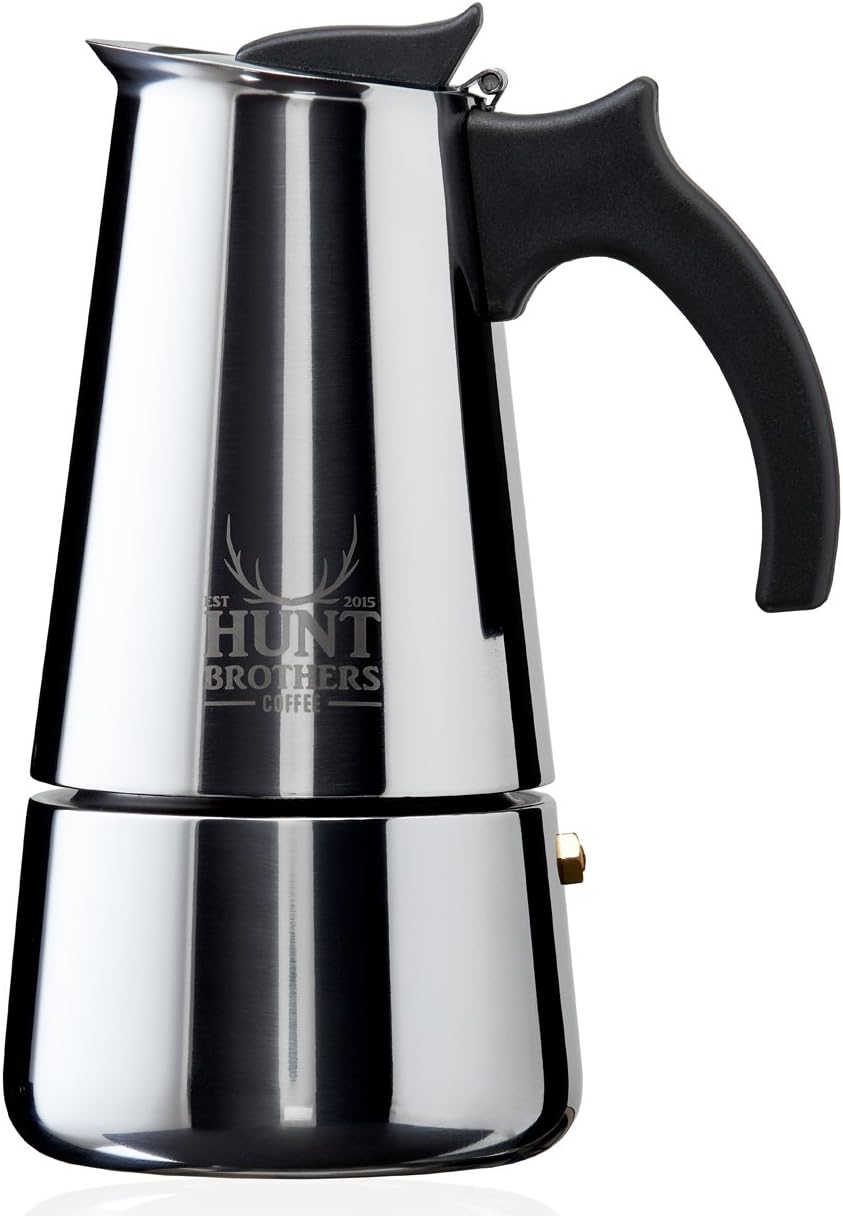 Hunt Brothers Stovetop Espresso Maker (6 Cup) Stainless-Steel Kitchen Coffee Pot | Mocha, Cappuccino, French Roast | Enhanced Thermal Insulation | Ergonomic Handle