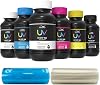 NGOODIEZ UV DTF Ink 6 Color Set UV DTF Transfer Film Roll A & B – CMYKWVarnish Ink with 328ft Film for Glass, Metal, Wood, Acrylic – High-Adhesion, Fast-Drying UV Printing Kit