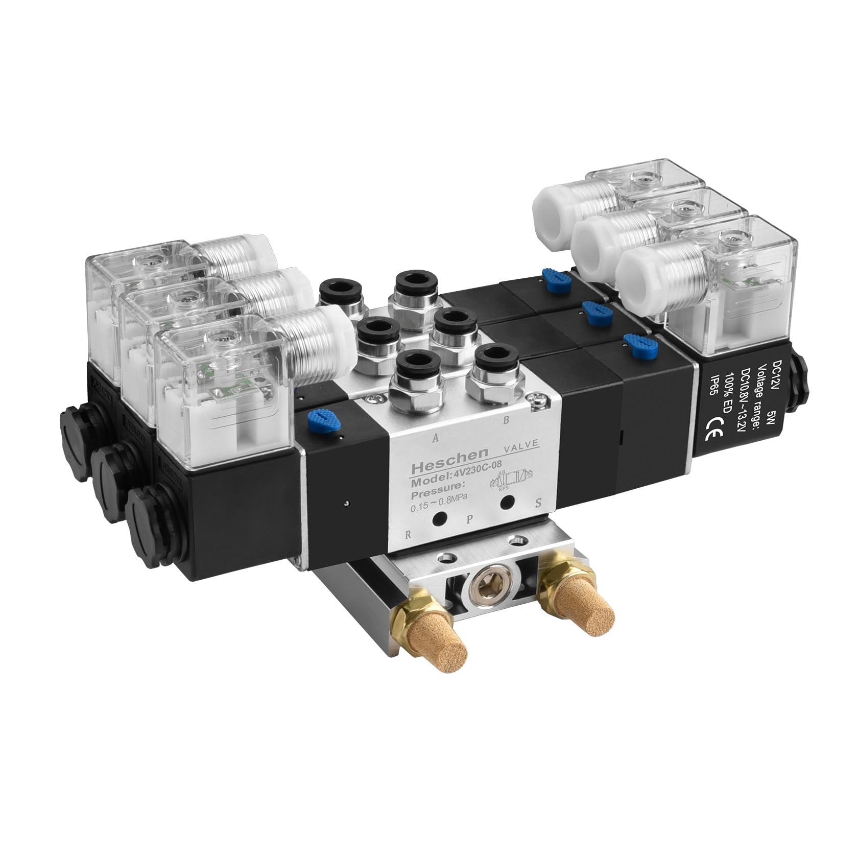 Heschen Elektrisches Pneumatisches Dreifach-Magnetventil, 4V230C-08, 12VDC, PT1/4, 5-Wege-3 Positionen, Krümmerbasis, Schalldämpfer, Schnellbefestigungsset, CE