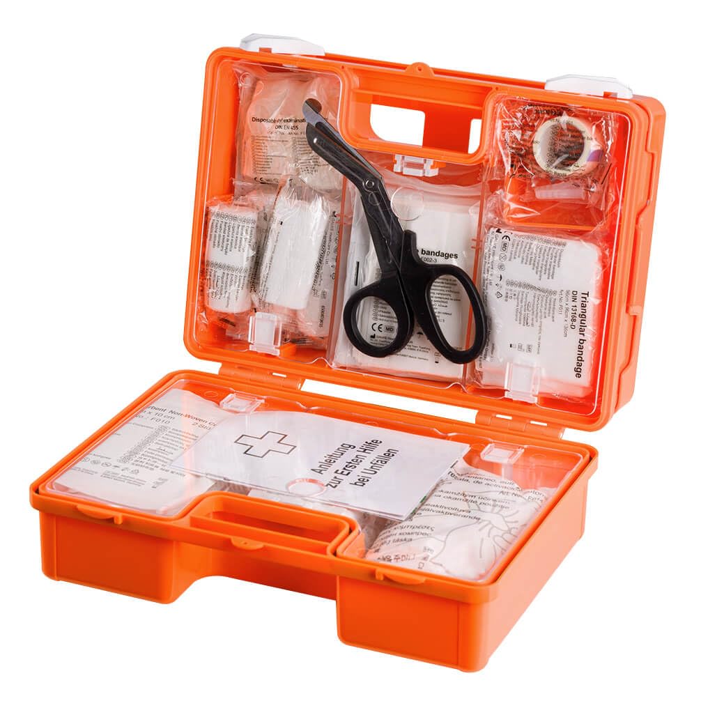 BIGPACK 5 x Erste-Hilfe-Koffer, mit Wandhalterung, Kunststoff, orange, DIN 13157 aus Kunststoff, Art.-Nr. 608823 | Verbandskasten | Notfallkoffer | Erste Hilfe Kasten