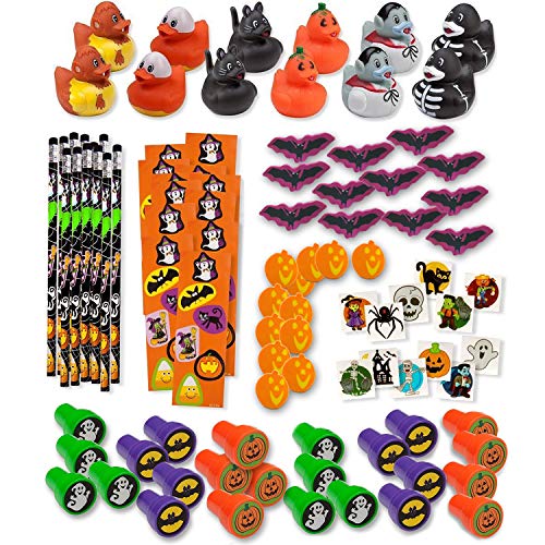 Bulk 336 Halloween Novelty Toys for Kids 24 Rubber Ducks 24 Stampers 24 Pencils 24 Sticker Sheets 96 Mini Erasers 144 Glitter Tattoos Halloween Treats Non Candy Party Favors Goody Fillers Giveaways