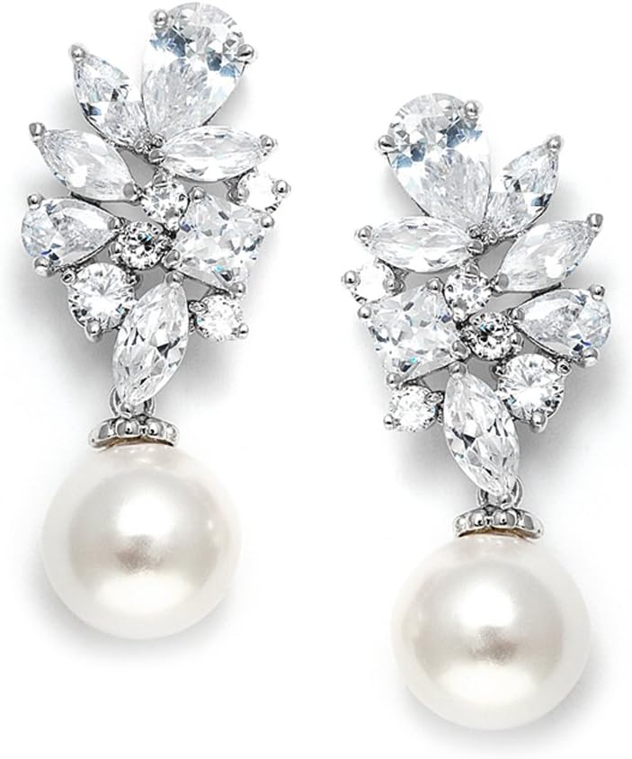 Dazzling CZ Cluster Wedding Earrings with Simulated Pearl Drop