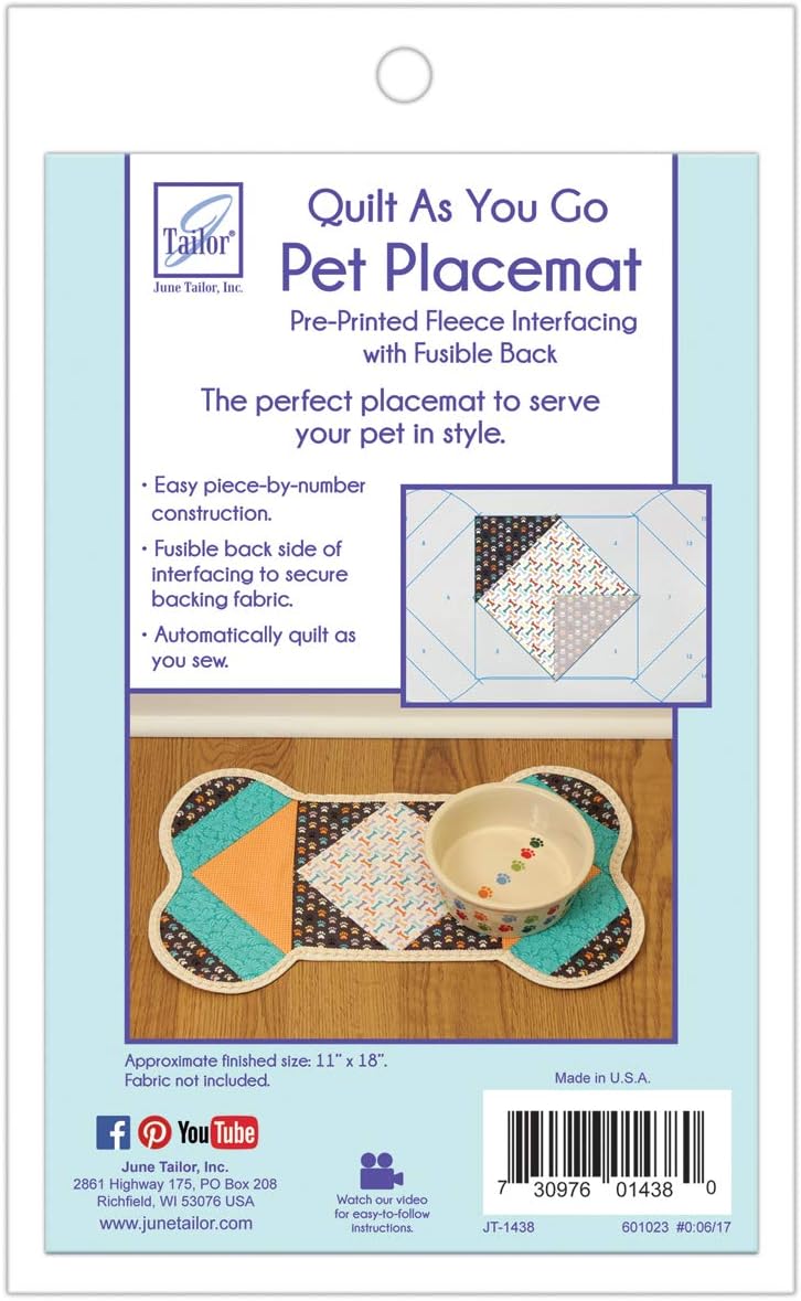 June TailorQuilt As You Go Pet Placemat for smaller dogs, measures 12" x 20" when finished. Fusible backing for easy assembly., White (JT-1438)