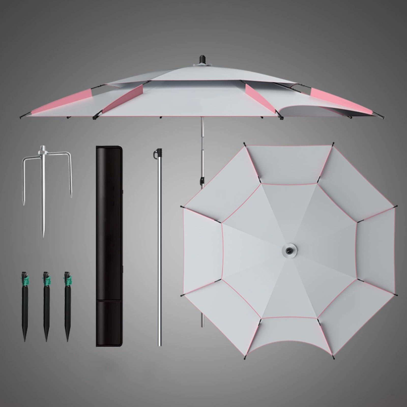 Parasol wędkarski, parasol przeciwsłoneczny na zewnątrz, korba i solidne żebra z kotwicą piaskową torba transportowa parasol stołowy, odporny na wiatr, trwały