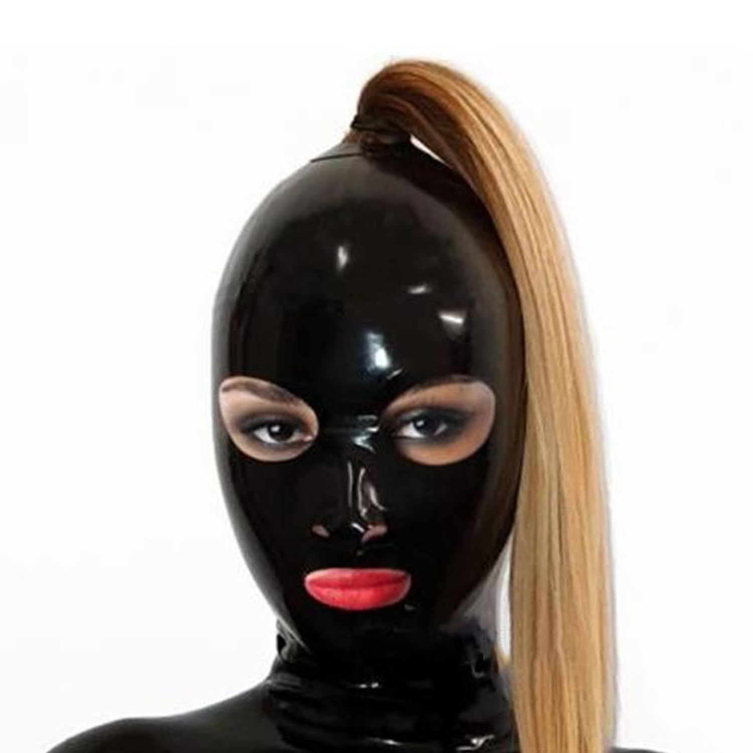 WXLPCGO Black Latex Hood Rubber Head Mask with One Ponytail Exposed Eye Handmade Back Zipper Cosplay Club Wear(Size:M-65CM)