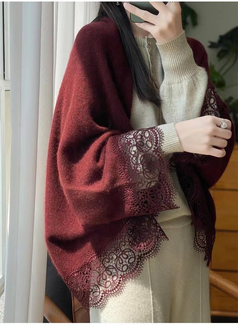 Poncho De Mujer,Chales Y Chales De Pashmina De Lana Para Mujer Cárdigans Ponchos De Punto Con Ribete De Encaje Y Empalme Elegante Bufanda De Cachemira Suave Con Mangas Suéter Abrigo De