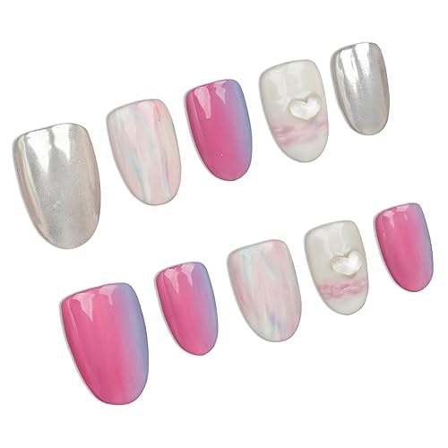 Uñas postizas a presión, color lago coral, hechas a mano, cortas, redondas, diseño artístico, acabado UV, acrílico grueso y uñas postizas de gel