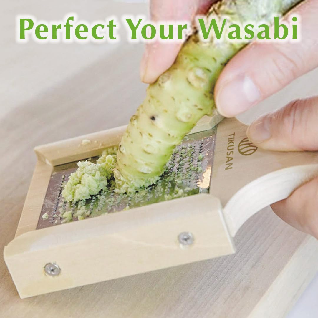 TIKUSAN Grattugia giapponese in legno per Wasabi (wasabi Oroshi) per zenzero e aglio con spazzola in bambù, prodotta in Giappone