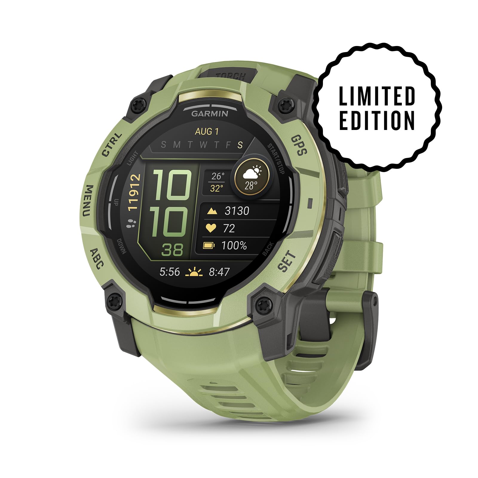 Garmin Instinct 3-50 mm, wytrzymały zewnętrzny smartwatch GPS, bateria 24-dniowa, wyświetlacz AMOLED, wbudowana latarka, kolekcja Alpine Rush, edycja limitowana, kolor zielony paproci z zieloną opaską