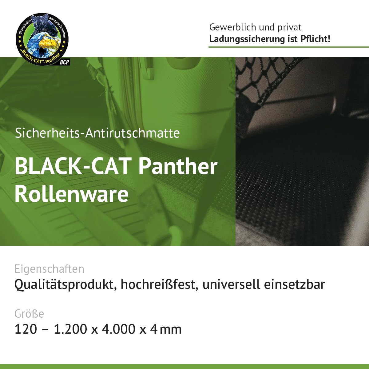BLACK-CAT Panther Antirutschmatte 4000×1200×4 mm hochreißfest rutschhemmend VDI 2700 Zertifiziert DEKRA geprüft