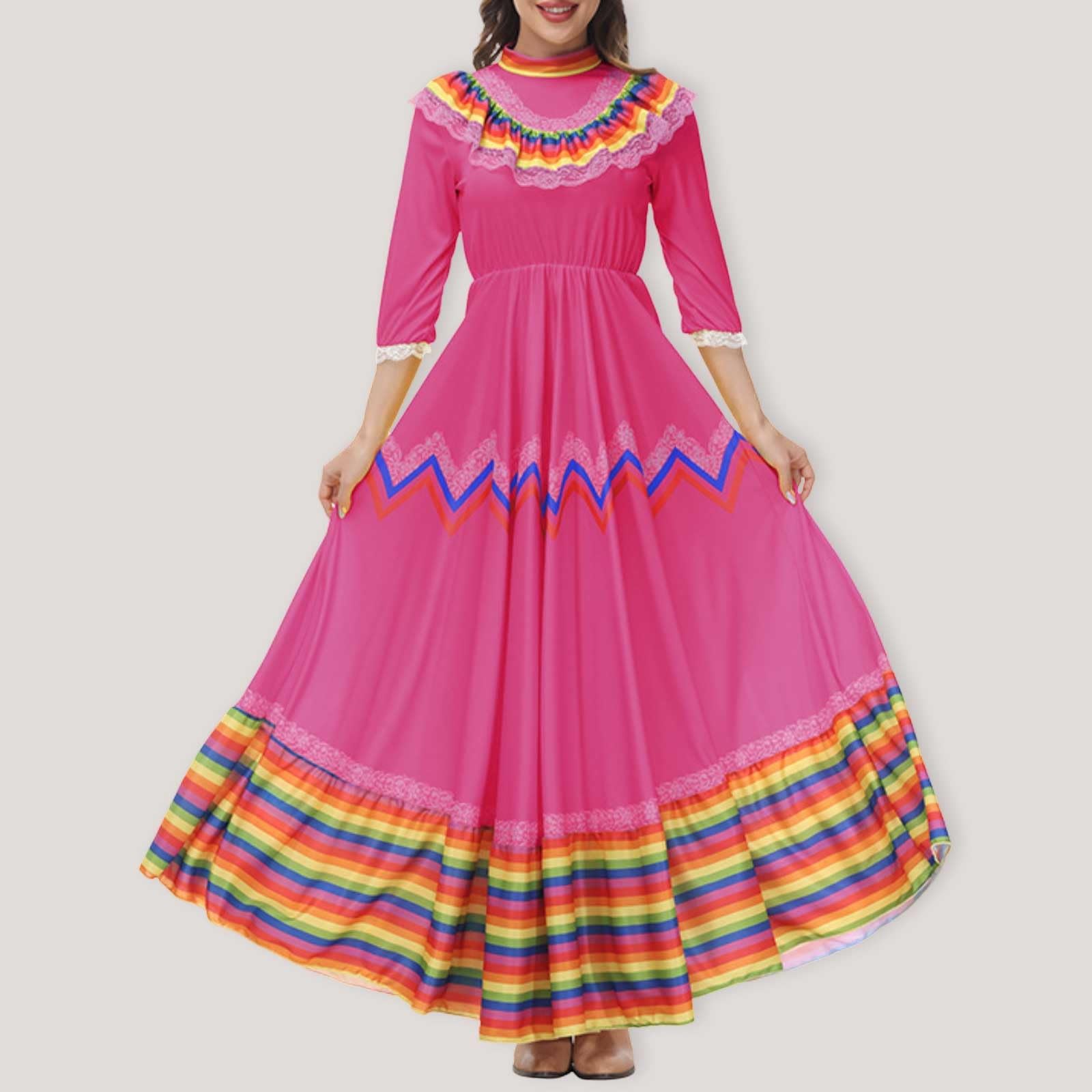 Vestido bohemio para mujer, vestido tradicional mexicano, vestido de baile folklórico, vestido de cinco de mayo, vestido holgado, dobladillo grande, vestido de verano largo, vestido festivo, vestido