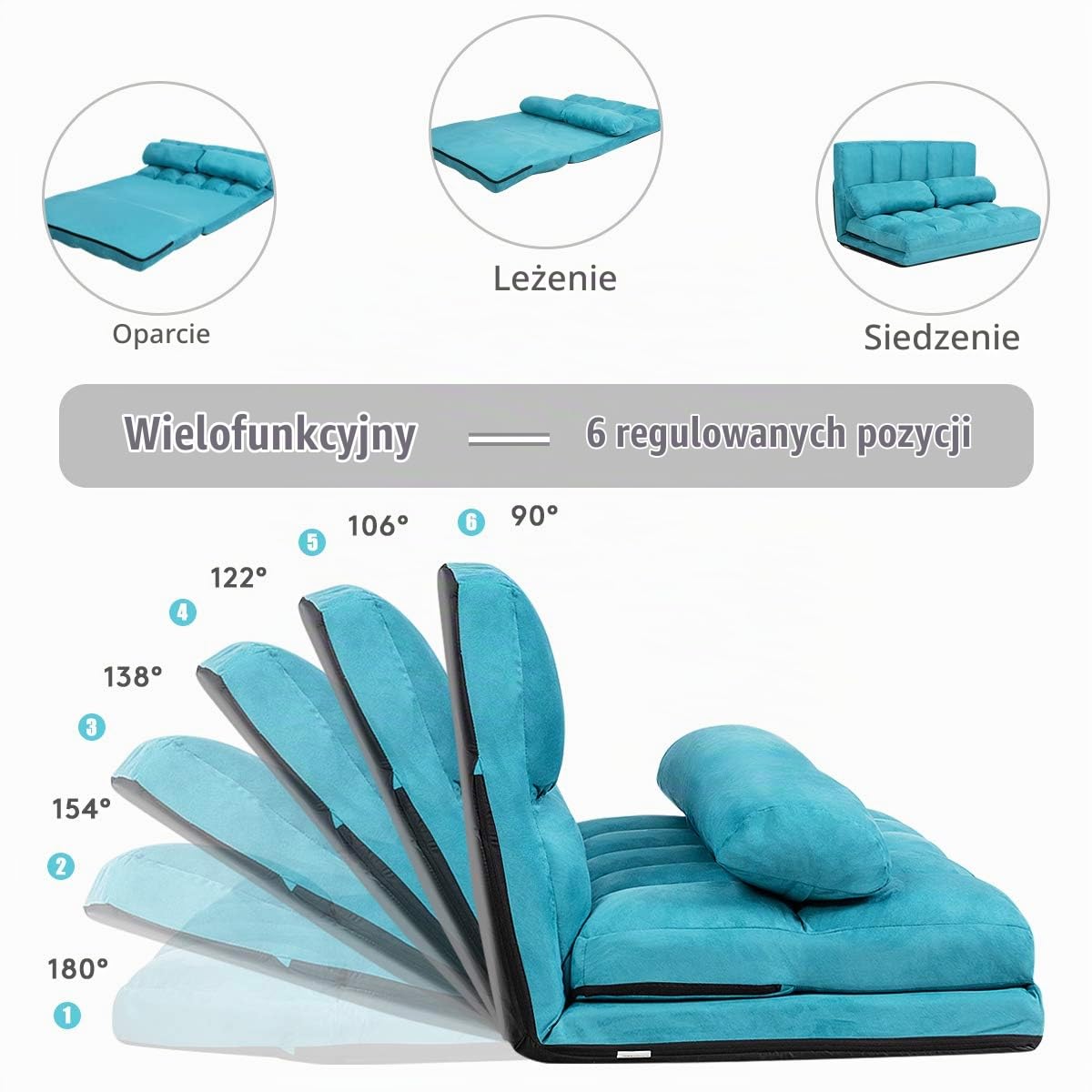 COSTWAY Lazy Sofa Z 2 Poduszkami, 6-Stopniową Regulacją Oparcia, Składana, Podłogowa Do Sypialni, Salonu i Na Balkon (Niebieska)
