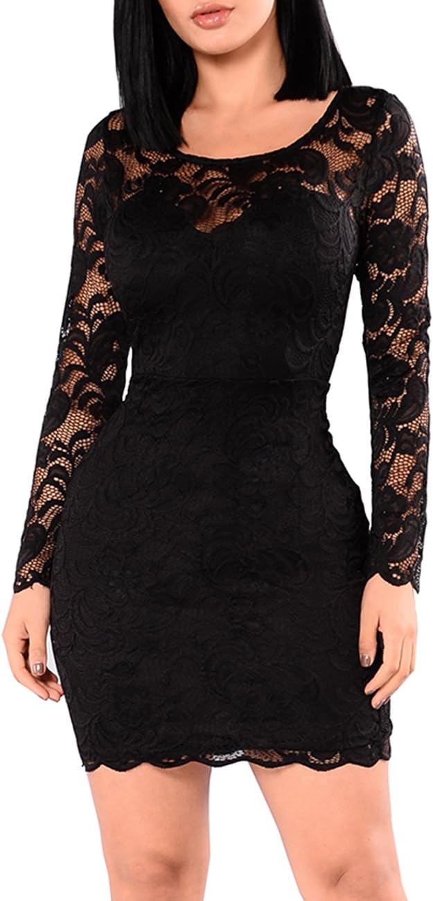 Women's Floral Lace Long Sleeve Bodycon Cocktail Party Dresses (Black, Small)