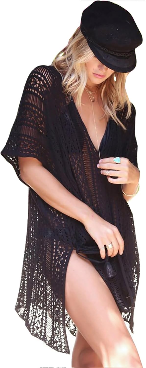 shermie Swimsuit Cover Ups for Women Short Sleeve V Neck Side Slit Loose Casual Mesh Knit Crochet Top - Image 4