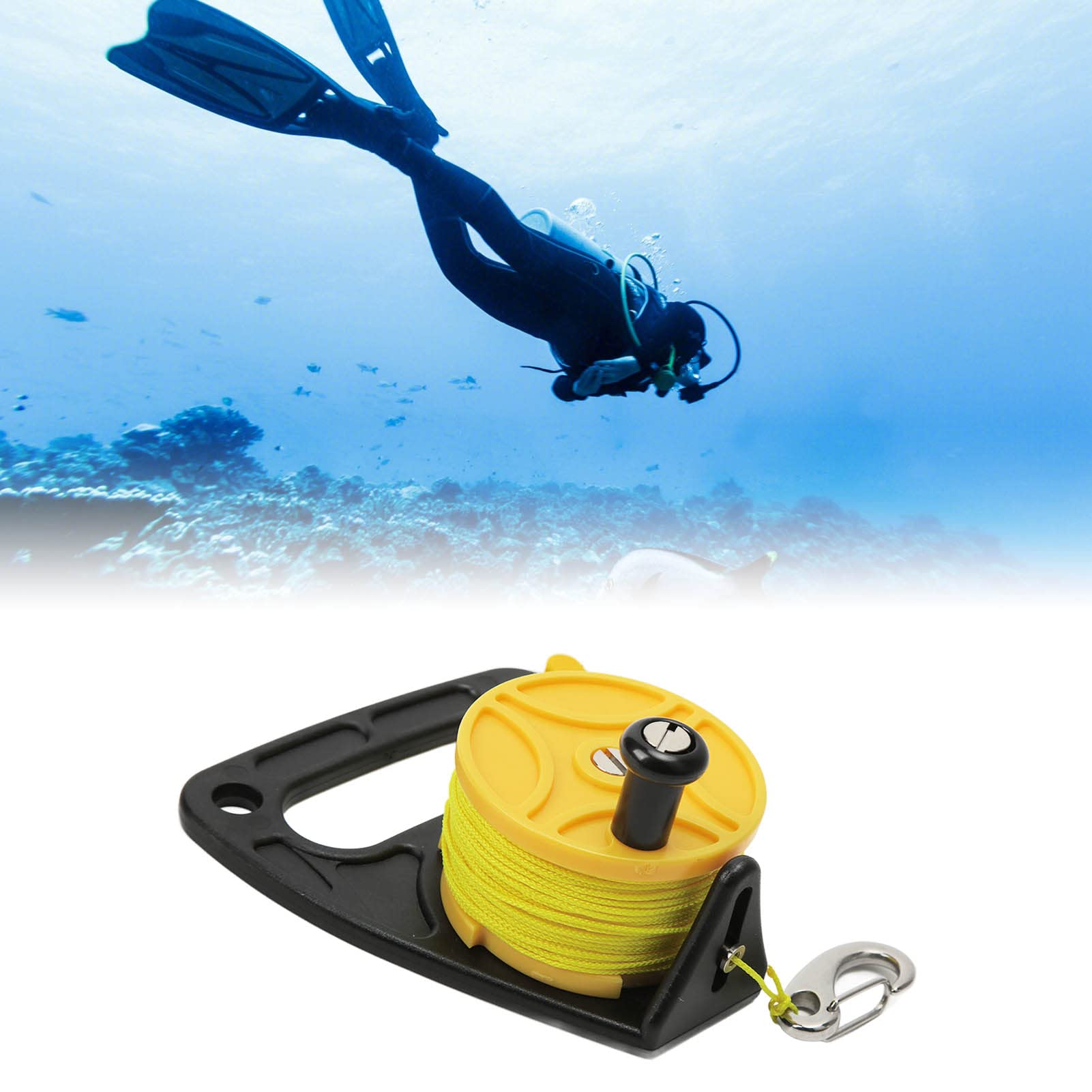 BuyWeek Moulinet de Plongée avec 46m Ligne, Moulinet de Plongée Sous Marine avec Bouchon de Pouce Crochets, Moulinet de Pêche pour Plongée en Apnée, Sports Nautiques Sous Marins (Jaune)