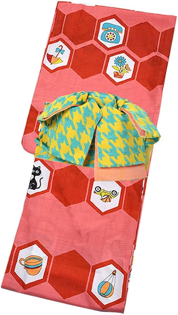 Amazon Kimonomachi 作り帯 浴衣セット 赤 コーラルピンク レトロイラスト S F Tl Ll カリキュロ ポリエステル浴衣 女性浴衣 浴衣 通販