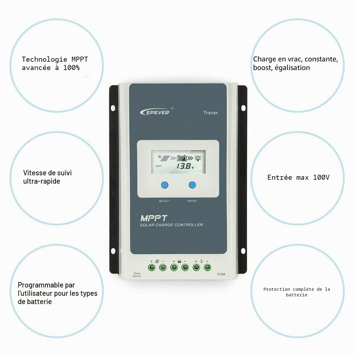 Contrôleur de charge solaire EPEVER MPPT Tracer A Series 10A/20A/30A/40A avec 12V/24V DC Identification automatique de la tension du système(20A)