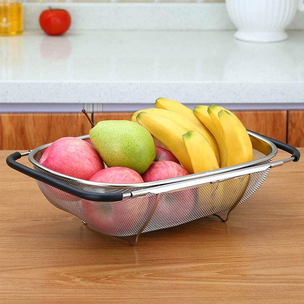 BAKAJI Cestello Scolapasta Estensibile per Lavello Cucina Colpasta Lava Verdure Frutta in Acciaio Inox con Manici Allungabili Fino a 55cm Accessori Cucina