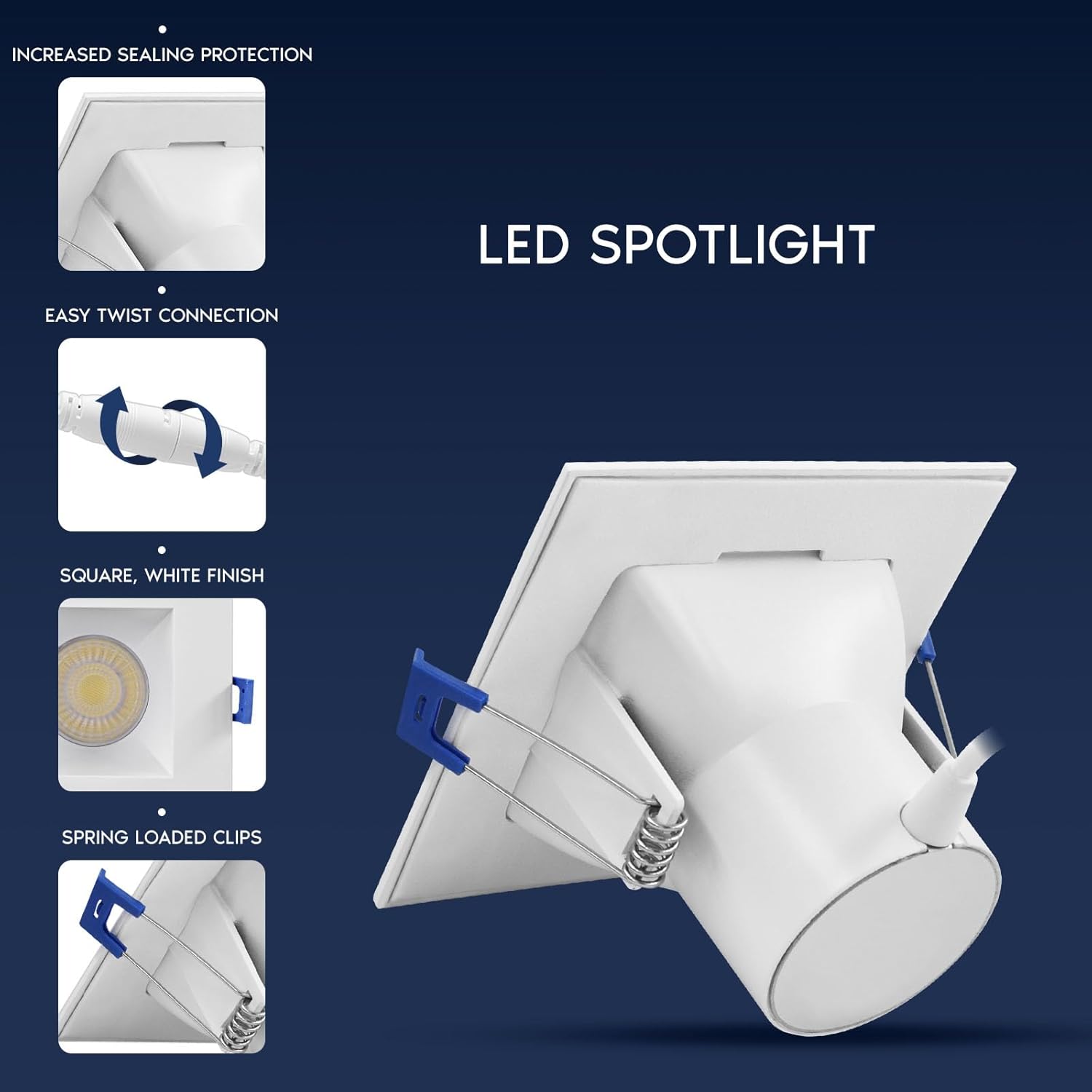 LUXRITE 4 Inch Square LED Recessed Ceiling Light with J-Box, CRI90, 12W, 5CCT Selectable 2700K/3000K/3500K/4000K/5000K, 1060 Lumens, Dimmable Canless Downlight, Wet Rated, IC Rated, ETL Listed