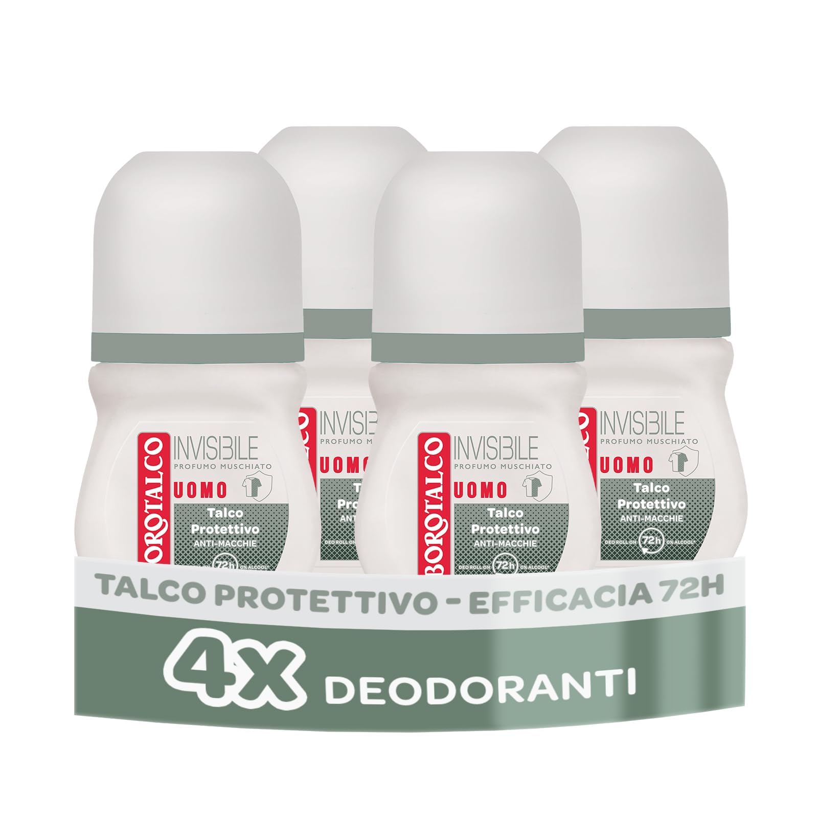 Borotalco, Deodorante Uomo Roll-On Invisibile, con Talco Protettivo, Anti-Macchie, Senza Alcool, Profumo Muschiato, 72h efficacia - 4 Pezzi da 50 ml - Esclusiva Amazon