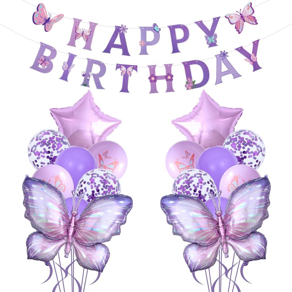 18Pcs Purple Butterfly Balloons and Happy Birthday Banners for Purple Butterfly Birthday Decorations