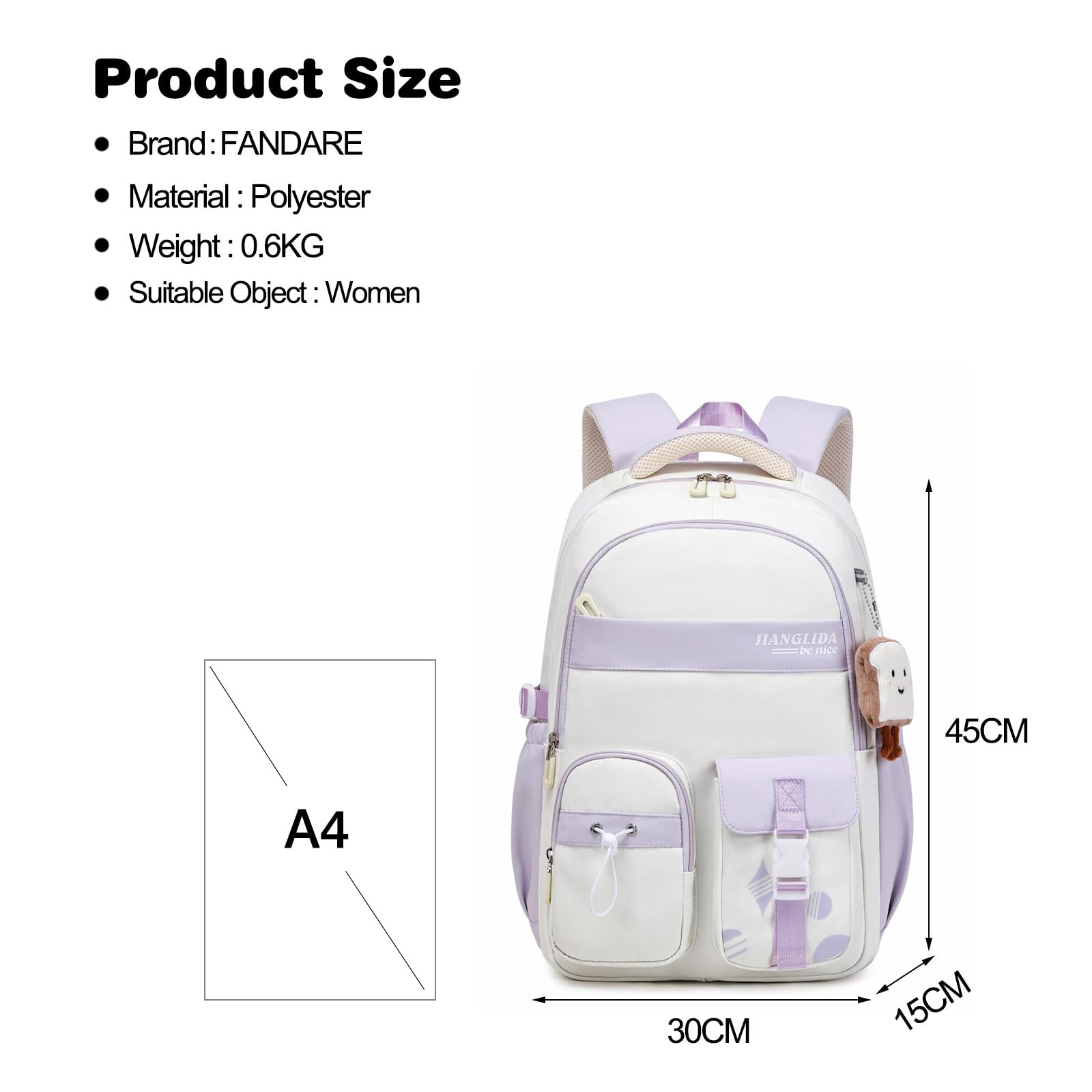 FANDARE Schulrucksack für Teenager & Uni - Wasserdicht, Laptop-Tagesrucksack für Damen & Herren - Leichter Rucksack in Hell Lila