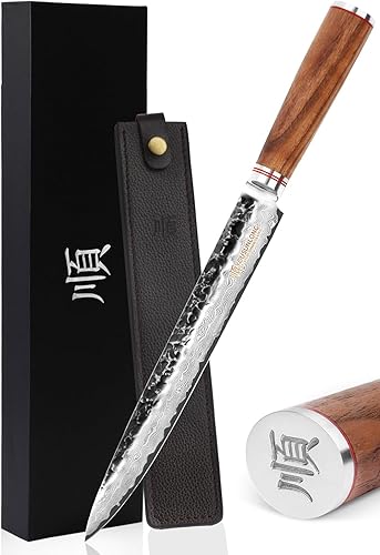 Miniatura 3 de YOUSUNLONG Cuchillo de filete de 12 pulgadas Max Yanagi Cuchillo Plus Sashimi japonés martillado acero Damasco mango de madera de nogal natural con
