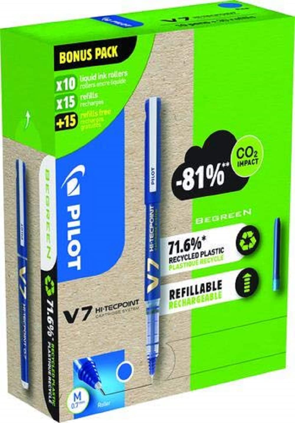 Pilot Greenpack V7 Eco 0.7mm Blue 10 Pens and 30 Refills