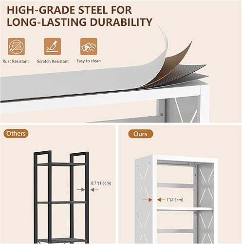 Miniatura 6 de Estantería de metal, estantería pequeña con estantes ajustables, estante blanco estrecho para libros, estantería de 3 niveles para sala de estar,