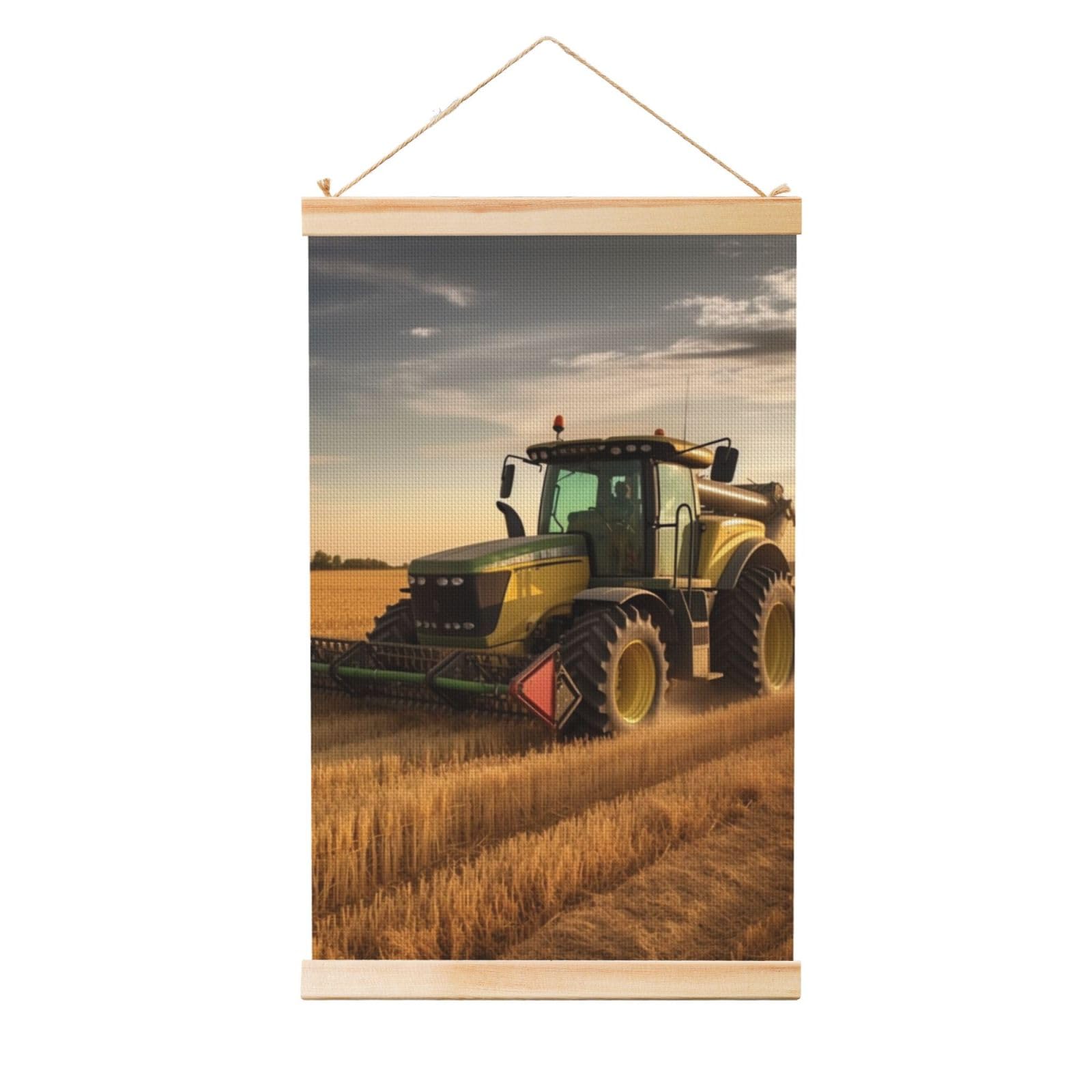 Farm Tractor Harvest Poster Wooden Shaft Hanging Poster Wall Hanging Banner Canvas Artwork with Wood Frames 20"x30" Modern Artwork Decor Ready to Hang Wall Art for Home Decor Scroll Painting