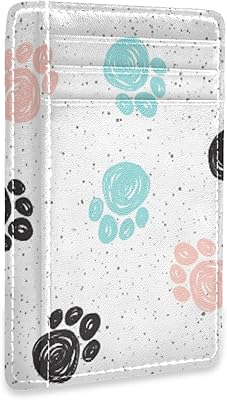 Turquoise Black Red Doodle Dog Paws Black Dusk Dots on White Slim Minimalist Wallet, Front Pocket RFID Blocking Leather Credit Card Holder, Case Protector Covers for Men Women
