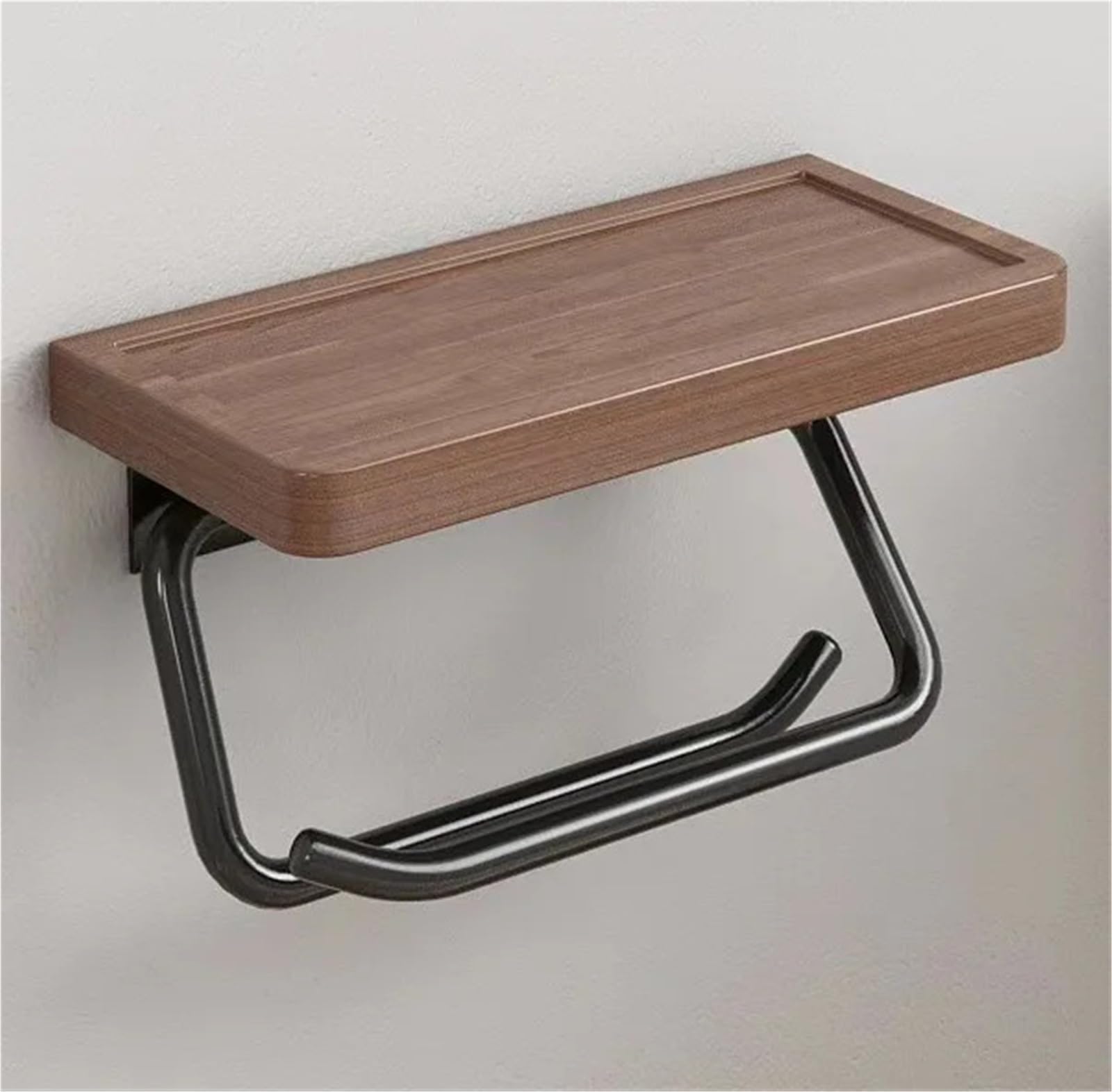 Portarotolo WC adesivo con mensola Porta carta igienica con ripiano | Senza trapano in legno di noce, appendiabiti a parete for rotoli di carta velina(Black)