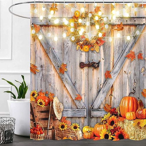 Fall Shower Curtains, Pumpkins Sunflower Leaves Rustic Wooden Barn Door With Colored Lantern Pendant Seasonal Bath Curtain, Waterproof Fabric Polyester Bathroom Curtain Sets with Hooks, 72x72 Fall Shower Curtains, Pumpkins Sunflower Leaves Rustic Wooden Barn Door With Colored Lantern Pendant Seasonal Bath Curtain, Waterproof Fabric Polyester Bathroom Curtain Sets with Hooks, 72x72