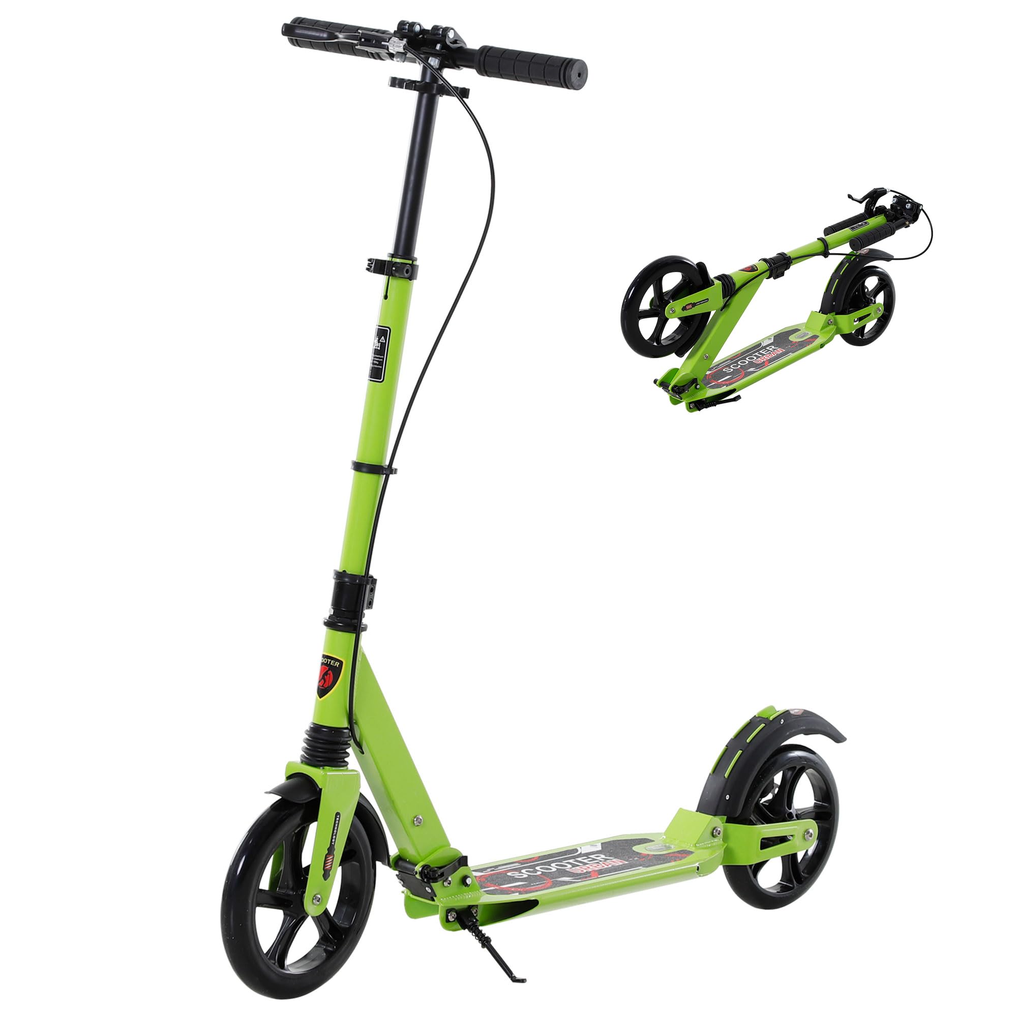 HOMCOM Patinete plegable de 2 ruedas para más de 14 adolescentes y adultos, color verde | Sistema de freno doble, suspensión doble, ruedas grandes de 230 mm, 3 manillares ajustables, hasta 100 kg