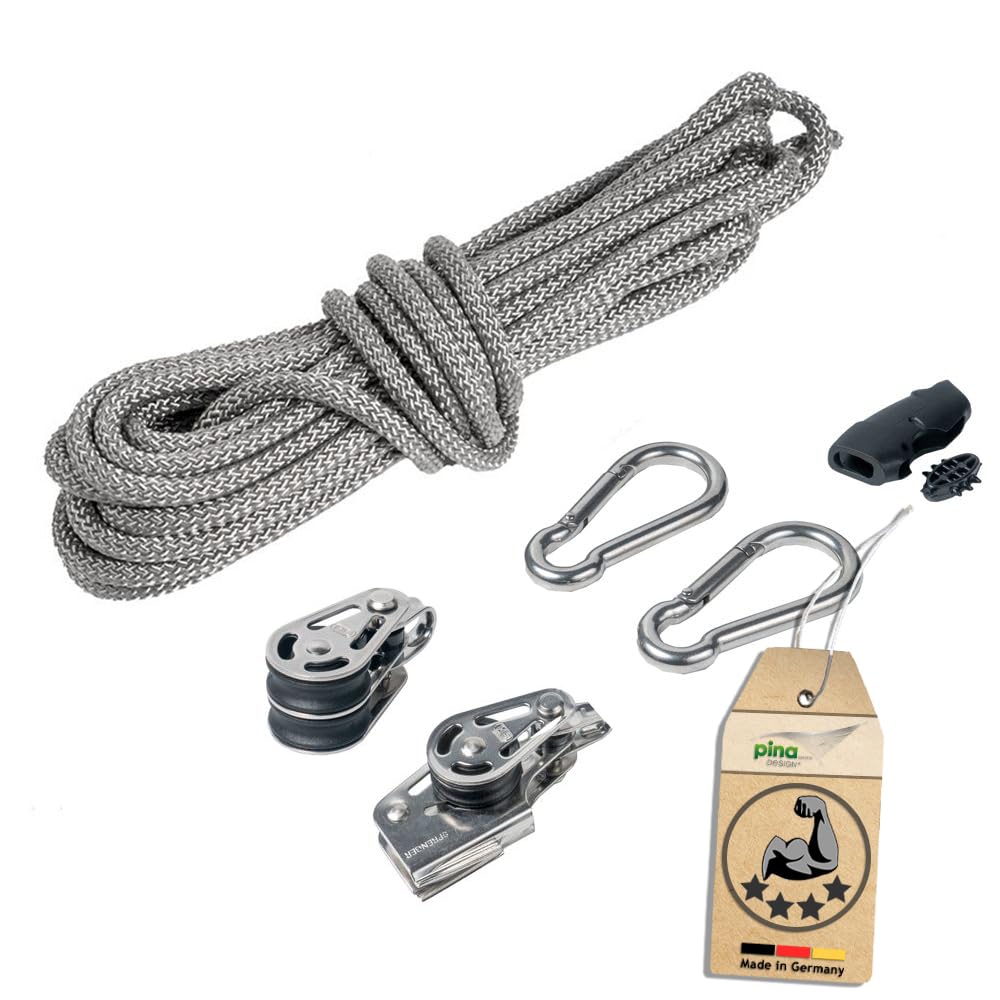 Sonnensegel 4-Fach Flaschenzug Set - mastseitig, für Sonnensegelpfosten/Profi Spannsystem zum Spannen & Befestigen/Robustes Seilzugsystem mit integrierter Klemme