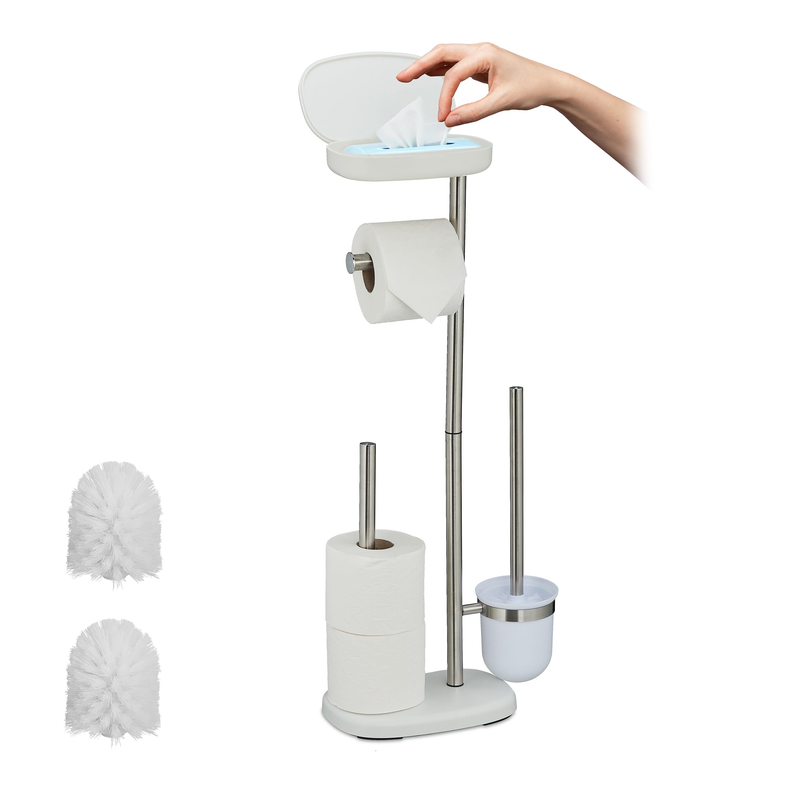 Relaxdays toilet set, HxWxD: 69 x 31 x 16 cm, standing toilet roll holder, toilet brush, spare roll holder, shelf, white