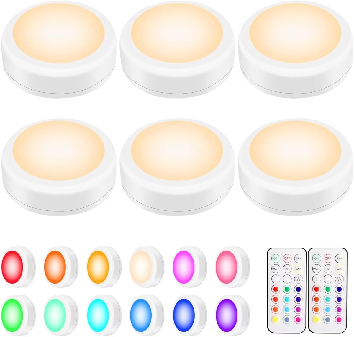 BLS LED Puck Lights with Remote Control, Wireless Under Cabinet & Closet Lighting, RGB 13 Color Changing Lights with Dimmer, Timer & AA Battery Operated, Push, Touch, Stick on for Night, Wall, 6 Pack