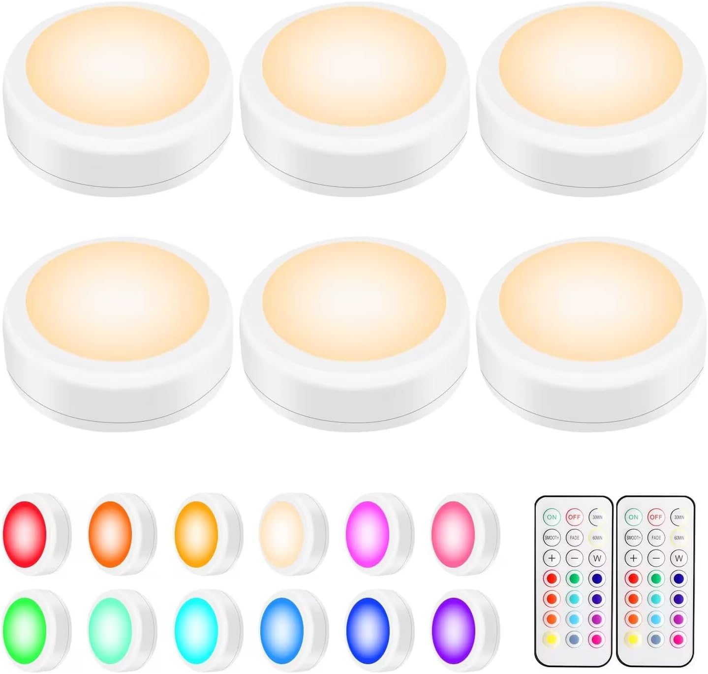 LED Puck Lights with Remote Control, Wireless Under Cabinet & Closet Lighting, RGB 13 Color Changing Lights with Dimmer, Timer & AA Battery Operated, Push, Touch, Stick on for Night, White, 6 Pack